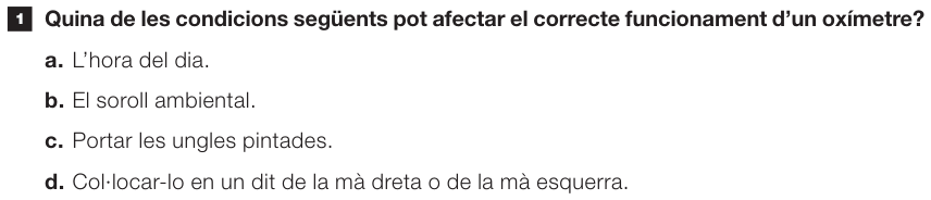 Retall d'una pregunta de test: la caixa s'ajusta a la tinta de les quatre respostes